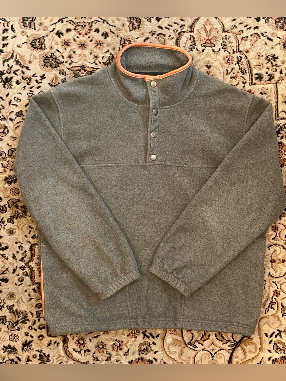 Vintage Orvis Men Gray Fleece Pullover M  with Orange Trim Snap button Outdoor